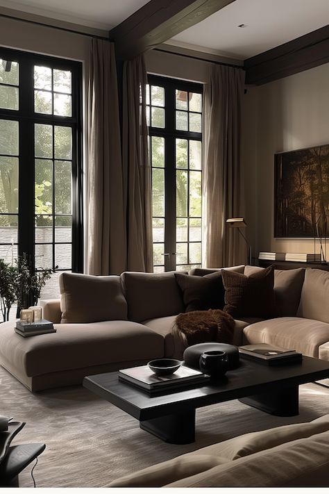 How The Quiet Luxury Trend Is Influencing Interior Design Brown Cushions Living Room, Brown Tones Living Room, Quiet Luxury Interior Design, Tailored Sofa, Brown Sofa Living Room Ideas, Luxury Interior Design Living Room, Silk Drapes, Sea Point, Linen Cushions