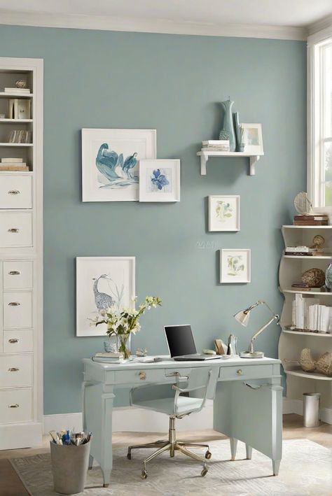 home decor interior design, interior design space planning, designer wall paint, primer paint for walls Tiffany Blue Office, Comfortable Workspace, Green Kitchen Cabinets, Creative Storage Solutions, Sleek Furniture, Flat Interior, Office Colors, Green Cabinets, Blue Tone