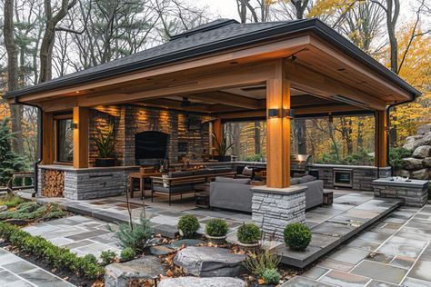 Backyard Pavilion With Fireplace, Outdoor Pavilion Ideas, Barbeque Area, Outdoor Pavillion, Pavilion Ideas, Backyard Deck Ideas, Entertaining Outdoors, Creative Backyard, Outdoor Fireplace Patio