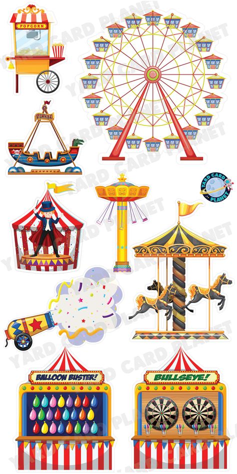 Carnival and Circus Fun Yard Card Flair Set Carnival Doodles, Fair Signage, Carnival Theme Decor, Carnival Drawing, Circus Games, Pirate Ship Ride, Carnival Images, Circus Game, Carnival Decor