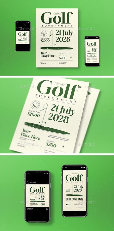 White Serif Golf Tournament Flyer Set - Sports Events Golf Tournament Poster Design, Golf Flyer Design, Golf Tournament Invitation, Padel Tournament Poster, Golf Poster Design, Golf Design Graphic, Golf Invite, Golf Tournament Ideas Fundraising, Golf Tournament Flyer