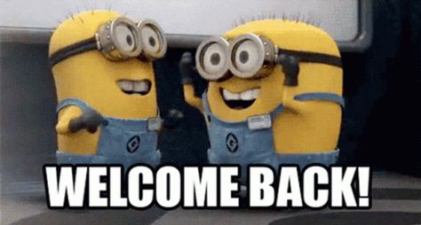 Welcome Back Awesome GIF - WelcomeBack Awesome Minions - Discover & Share GIFs Welcome Back Pictures, Welcome Back Meme, Minions Animation, Welcome Back To Work, Minion Gif, Welcome Gif, Girl Memes, Anatomy Poses, Advice Quotes