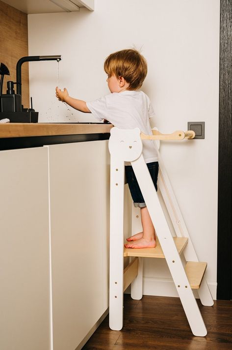 Space Saving Kitchen Step Stool Toddler Kitchen Step Stool | Etsy Toddler Step Stool, Toddler Kitchen, Kitchen Step Stool, Learning Tower, Space Saving Kitchen, Step Stool Kids, Kitchen Helper, Stool Design, Wooden Stools