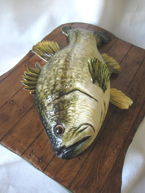 For my husband for Father's Day! Fish is carved cake covered in handpainted fondant; fins are gumpaste, and the "dock" is fondant.  Thanks for all the inspiration! Fondant Man, Birthday Cake For Men, Fish Cake Birthday, Cake For Men, Shelby Lynn, Large Mouth Bass, Fathers Day Cake, Sculpted Cakes, Animal Cakes