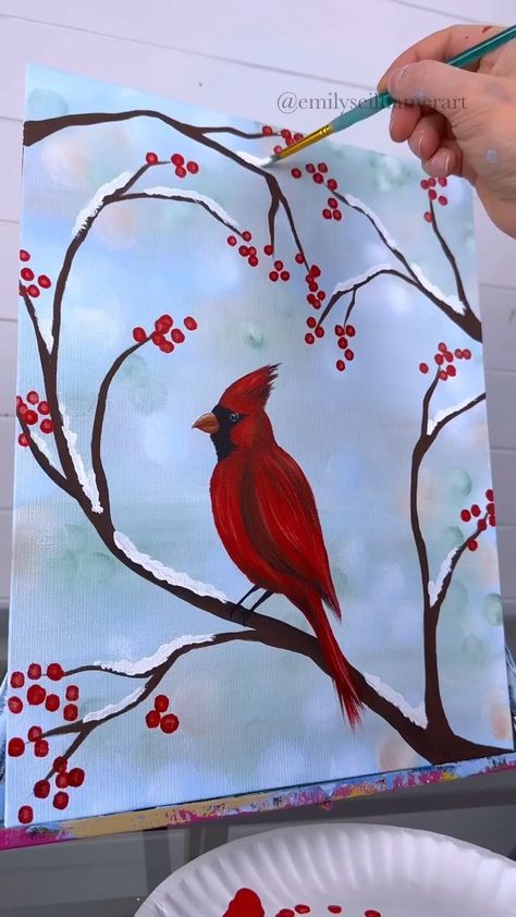 Emily Seilhamer | Winter cardinal painting idea 🎨❤️ #beginner #tutorial #easypainting #acrylicpainting | Instagram Winter Cardinal Painting, Paint Waves, Snowman Diy, Art Reels, Cardinal Painting, Door Painting, Winter Cardinal, Sock Snowman, Snowman Painting