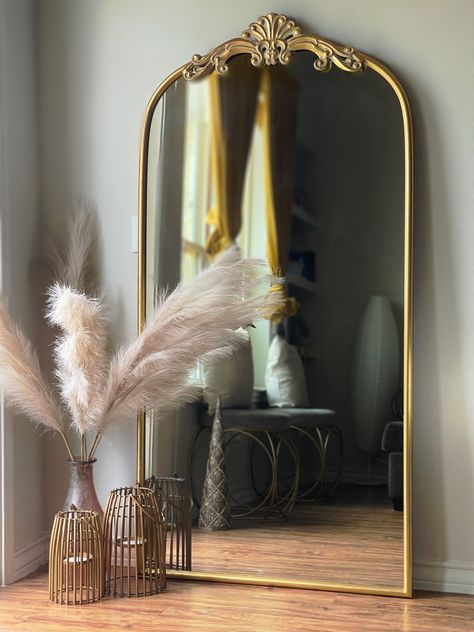 Full Length Mirror Entryway Boho, Gold Leaner Mirror, Gold Mirror For Bedroom, Gold Floor Mirror Decor, Large Room Mirror, Tall Gold Mirrors, Gold Floor Mirror Bedrooms, Gold Standing Mirror In Bedroom, Gold Living Room Mirror