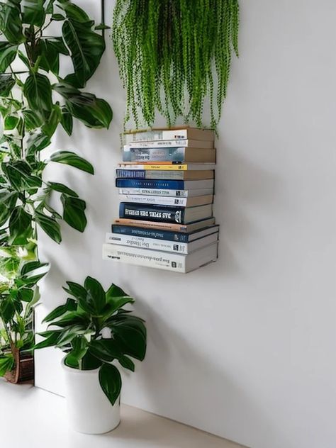 Bookshelf Floating, 1930s House Interior, Invisible Bookshelf, Lodge Plans, Floating Books, Don't Trust Anyone, Floating Bookshelf, Modern Organization, Floating Bookshelves