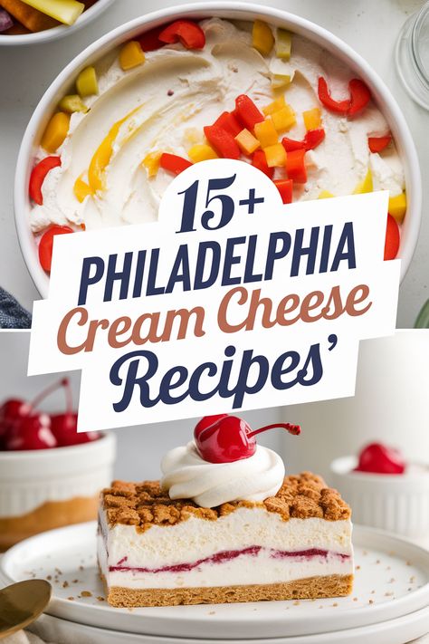 Satisfy your taste buds with these delicious Philadelphia Cream Cheese recipes! From creamy dips to sweet desserts this collection has something for everyone. Perfect for parties or cozy family nights. Explore tasty bagels cheesecakes spreads and appetizers that will impress your friends and family. Enjoy every delightful bite! Philly Cream Cheese Cheesecake, Recipes Using Philadelphia No Bake Cheesecake Filling, Philadelphia Cream Cheese Cheesecake Recipe, Philadelphia Cream Cheese Cheesecake, Philadelphia Cheesecake Recipe, Cream Cheese Appetizer Recipes, Philadelphia Cream Cheese Recipes, Cream Cheese Stuffed Peppers, Cream Cheese Recipes Dessert