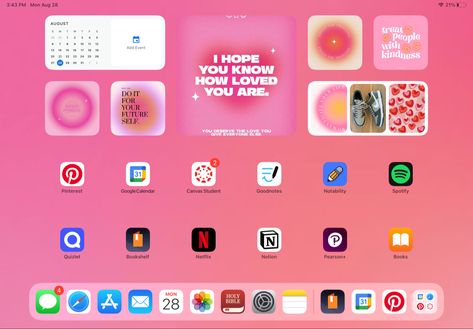 #aesthetic #lockscreen #pink #wallpaperideas #wallpaper #ios16 #ipad #iphone #preppy #laptop #theme Preppy Ipad Home Screen, Cute Ipad Widget Ideas, Ios 16 Pink Aesthetic, Pink Aesthetic Wallpaper Home Screen, Aesthetic Wallpaper Home Screen, Ipad Home Screen Layout Aesthetic, Aesthetic Ipad Lockscreen, Aesthetic Wallpaper Home, Tab Organization