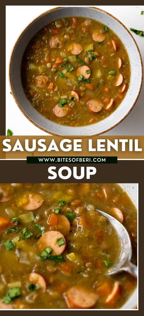 German Lentil Soup With Sausage, Sausage Lentil Soup Crockpot, Lentil Soup Sausage, German Lentil Soup Recipe, German Lentil Soup, Lentil And Sausage Soup, Lentil Soup With Sausage, Sausage And Lentil Soup, Sausage Lentil Soup