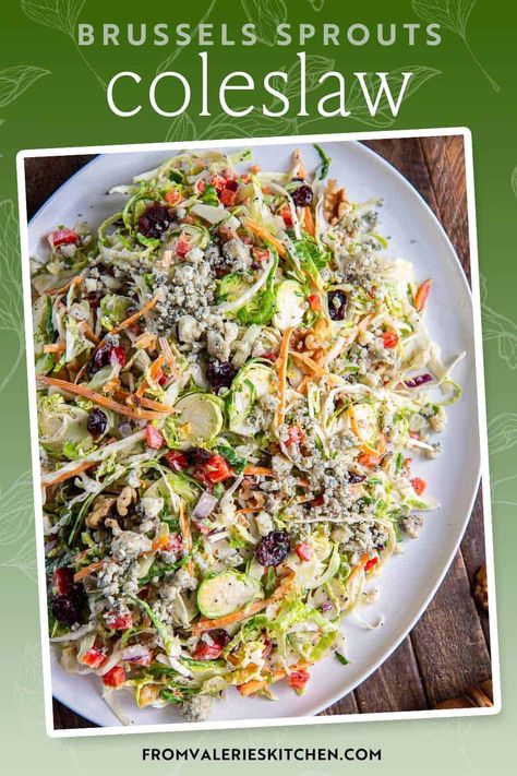 This fall-inspired Brussels Sprouts Coleslaw is tossed with dried cranberries, walnuts and a sweet and creamy poppy seed dressing. A fresh and crunchy salad that's a wonderful complement to a savory fall meal. Thanksgiving Coleslaw Salad, Thanksgiving Coleslaw, Brussel Sprout Slaw, Coleslaw Salad, Fall Meal, Poppy Seed Dressing, Scooby Snacks, Crunchy Salad, Vinegar Dressing