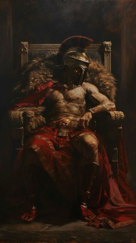 King Painting Art, King On Throne Tattoo, King On Throne Art, Man Sitting On Throne, King Sitting On Throne Pose, Spartan Painting, King In Throne, King Sitting On Throne, King On A Throne