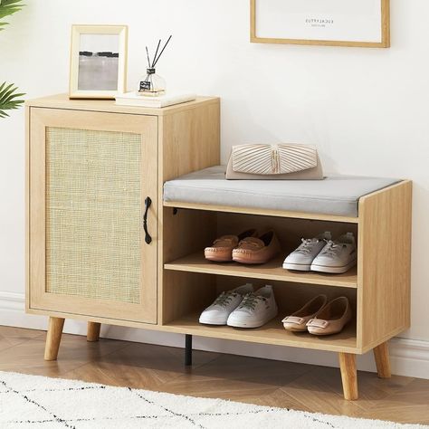 2-in-1 Shoe Storage Bench with Rattan Door Adjustable Shelves - On Sale - Bed Bath & Beyond - 39982918 Shoe Rack Hallway, Rattan Shoe Cabinet, Shoe Storage Bench Entryway, Shoe Cabinet Entryway, Storage Bench Seating, Shoe Rack Bench, Shoe Storage Bench, Shoe Cabinets, Entryway Shoe Storage