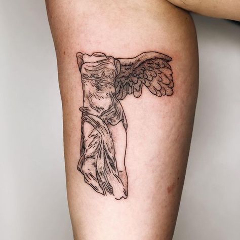 Nike Goddess Tattoo, Toad Tattoo, Nike Goddess, Winged Victory, Statue Tattoo, Goddess Tattoo, Line Work Tattoo, Fine Line Tattoos, Blackwork Tattoo