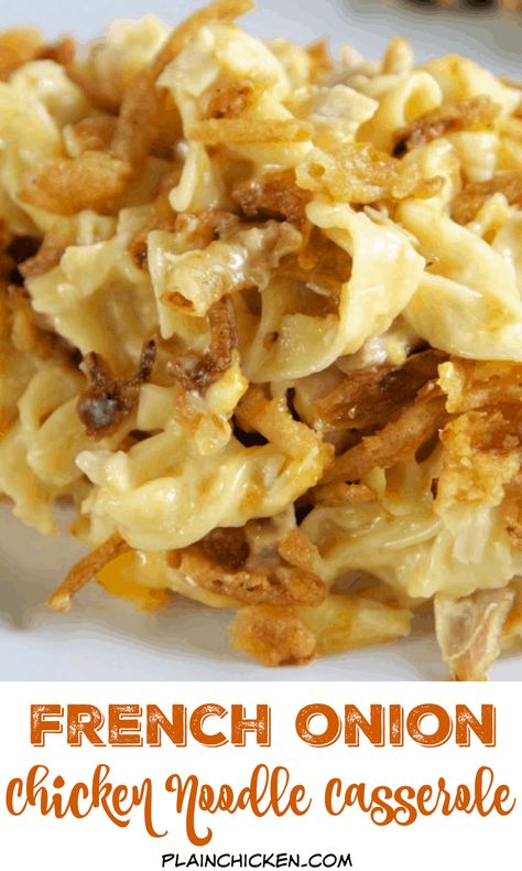 French Onion Chicken Noodle Casserole Recipe - egg noodles, french onion dip, cream of chicken soup, cheese, chicken topped with French fried onions - LOVE this casserole! Can make ahead and freezer for later. You can even split it between two foil pans - one for now and one for the freezer. Super easy main dish with only 6 ingredients that tastes great! Everyone RAVES about this casserole! Family Reunion Casseroles, Easy Meals To Prepare Ahead Of Time, Noodle Casseroles, Quick Casserole, Chicken Noodle Casserole Recipe, Noodle Bake, Noodle Casserole Recipes, Chicken Noodle Casserole, French Onion Chicken