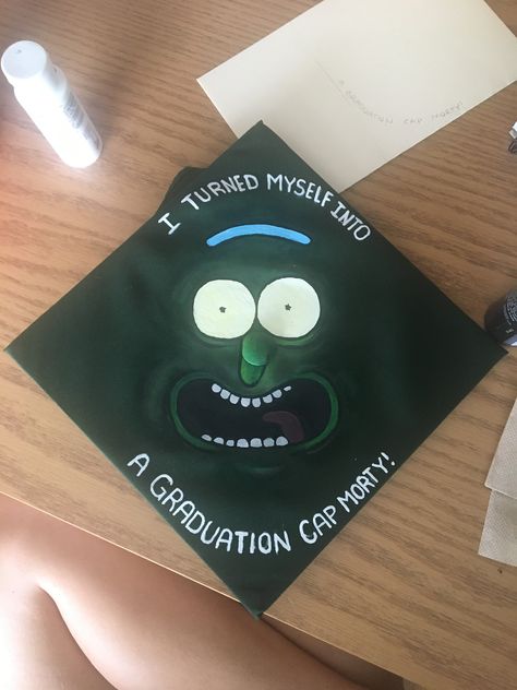 Rick and Morty themed graduation cap! Graduation Cap Rick And Morty, Simple Grad Cap Ideas For Guys, Graduation Cap Designs Rick And Morty, Step Brothers Graduation Cap, Breaking Bad Graduation Cap, Wall-e Graduation Cap, Graduating Cap Ideas, Duo Graduation Cap, Car Graduation Cap