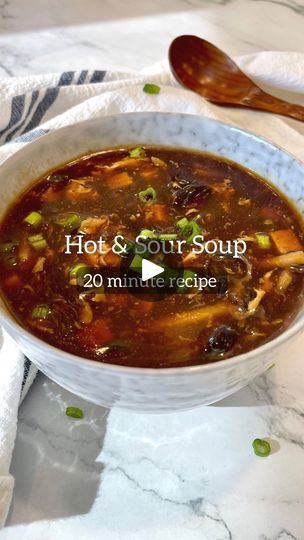 131K views · 5.1K reactions | Easy Satisfying Hot and Sour Soup! 20 minute recipe. 📌 Save this recipe for a cold day !

Comment “recipe” for the full recipe!

Ingredients & Tips below ↓ 

🛒 what you’ll need:

* Chicken Broth
* Tofu
* Shiitake Mushrooms
* Wood Ear Mushrooms

Soup Seasonings:
* Bamboo
* Light Soy Sauce
* Dark Soy Sauce
* Soy Sauce
* Chicken Powder
* White Pepper
* Sesame Oil
* Black Vinegar
* Kosher Salt or salt to taste
* Dried Red Chilis (Optional)

Corn Starch Slurry
* Corn Starch
* Water

Garnish
* Green Onion 

📝 notes : 

* Organic Chicken Broth and Low Sodium broth are less salty. If you use Conventional Chicken broth, you may not need to add as much salt when cooking.
* Turn the heat down to low when adding the eggs. The rapid boil will break the egg ribbons apart Salt And Pepper Wings Recipe, Hot And Sour Chicken Soup Recipe, Mushrooms Soup, Chicken Soup Recipes Easy, Chicken Powder, Stir Fry Sauce Recipe, Bbq Pork Recipes, Black Vinegar, Soy Sauce Chicken