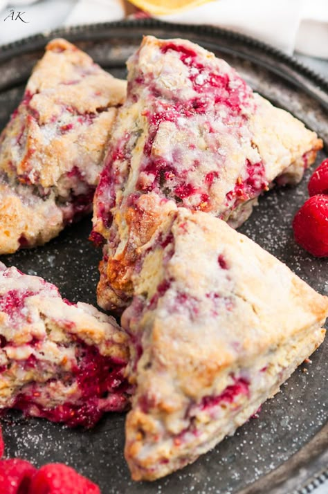 Lemon Raspberry Scones - Aberdeen's Kitchen Raspberry Scones Recipe Easy, Lemon Raspberry Scones, Raspberry Scones, Scones Recipe Easy, Baking Soda And Lemon, Homemade Scones, Yummy Dishes, Raspberry Recipes, Inside House