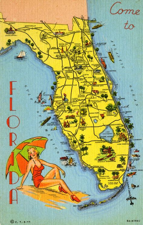 Map of Florida pointing out various tourist attractions, postcard from 1938. Wild Florida, Florida Party, Florida Postcard, Diy Bucket, Florida Poster, Florida Vintage, Altoid Tin, Kitsch Decor, Florida Art