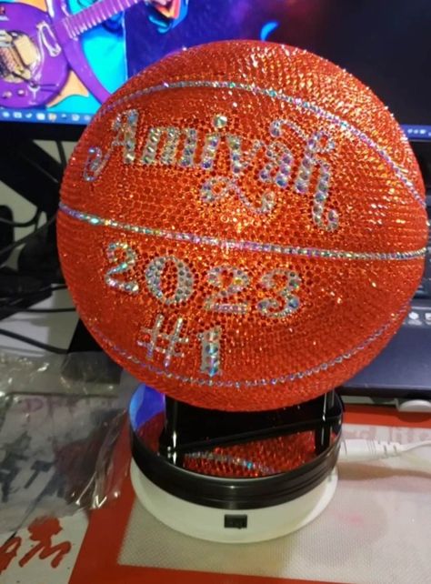 Bedazzle Basketball, Rhinestone Basketball Diy, Bedazzled Basketball, Bling Basketball, Rhinestone Basketball, Bedazzled Stuff, Basketball Senior Night, Diy Rhinestone Crafts, Basketball Custom