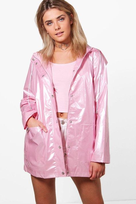 boohoo Lily Metallic Rain Coat Music Outfits, Rain Fashion, Pink Raincoat, Pink Rain, Raincoat Outfit, Lady Slipper, Rain Coats, Rubber Raincoats, Rainwear Fashion