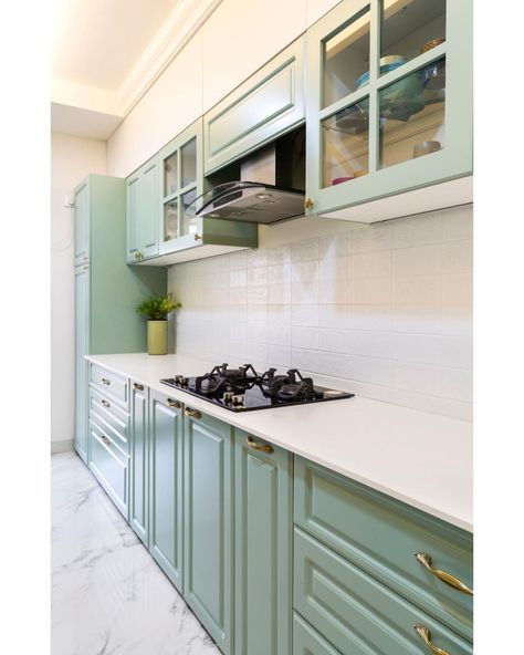 Green Kitchen Marble, Mint Green Cabinets, Marble Floor Kitchen, Green Backsplash, White Tile Backsplash, Kitchen Post, Design Homes, Kitchen Mood Board, White Tile Floor