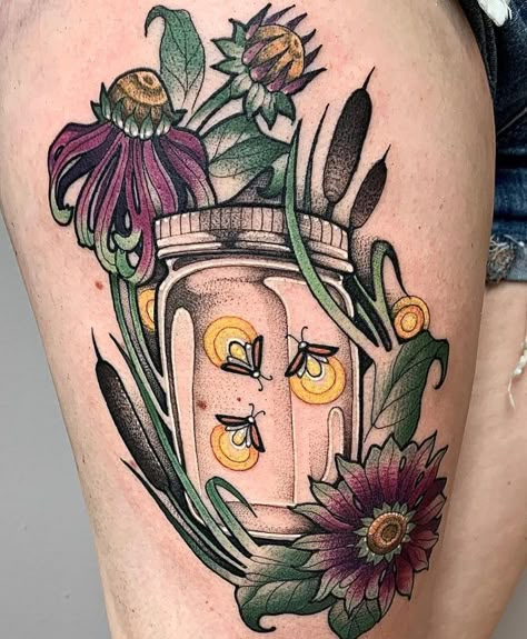 Firefly Tattoo Ideas Lightning Bug Jar Tattoo, Jar Of Lightning Bugs Tattoo, Cute Colour Tattoo, Lightning Bug Drawing, Lighting Bug Tattoo, Woodsy Tattoos, Lightning Bug Tattoo, Firefly Tattoo, Fire Flies