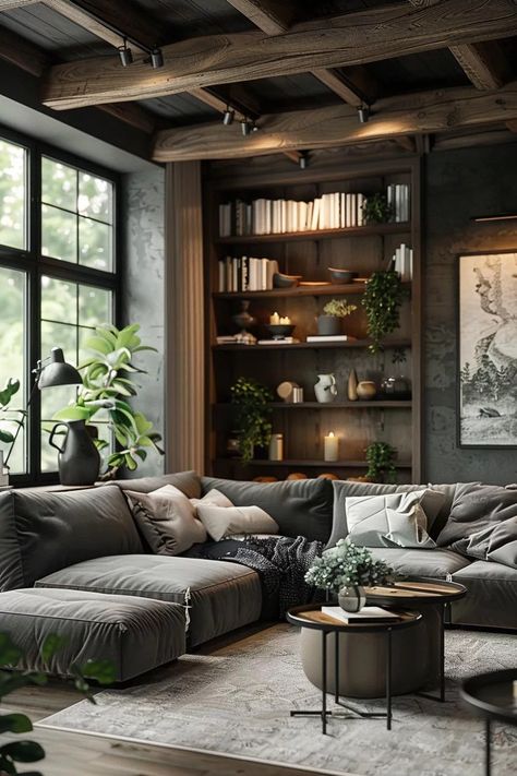 15 Trendy Moody Neutral Living Room Designs to Inspire 8 Masculine Living Rooms, Brick Living Room, Industrial Style Living Room, Industrial Living Room, Loft Stil, Casa Country, Black Living Room, Industrial Living, Industrial Livingroom