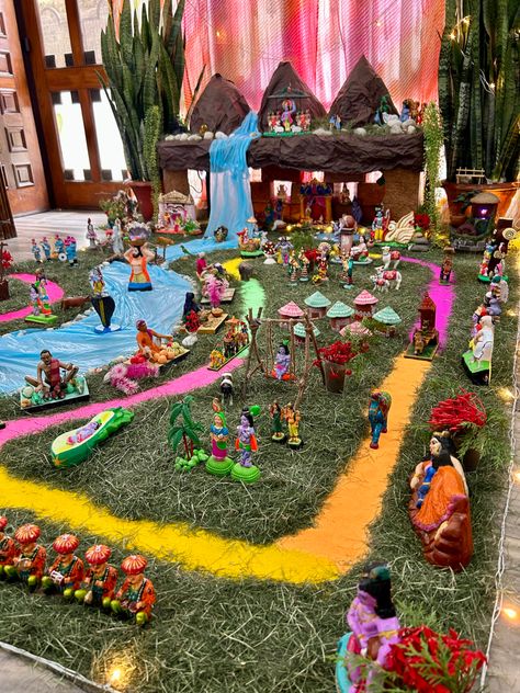 Janmashtami Decoration Theme, Village Decoration Ideas For Ganpati, Vrindavan Theme Ganpati Decoration, Krishna Janmashtami Decoration At School, Krishna Theme Decoration, Janmastmi Decoration Ideas At Home, Shri Krishna Janmashtami, Saraswati Picture, Hindu Wedding Decorations