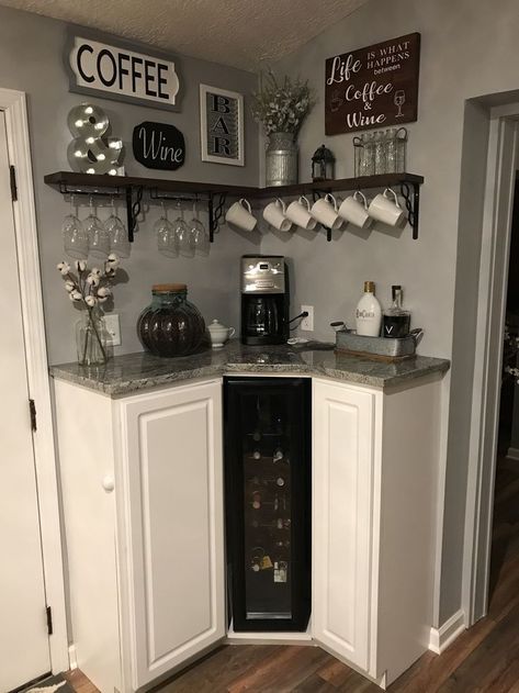 Coffee Vibes Aesthetic, Coffee Bar Ideas Kitchen, Coffee Bar In Kitchen, Corner Coffee Bar, Bar In Kitchen, Coffee Bar Ideas Kitchen Counter, Wine And Coffee Bar, Coffee/wine Bar, Coffee Vibes