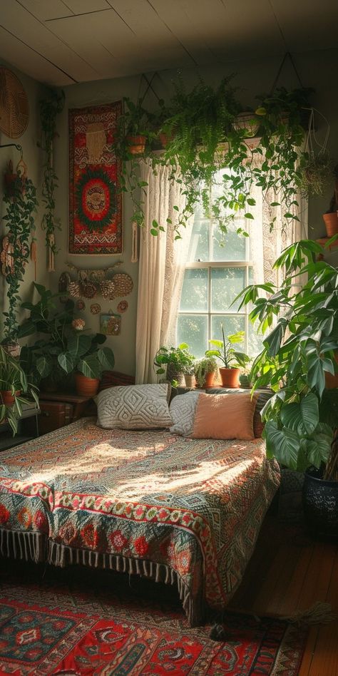 Bohemian Look Outfits, Bohemian Bedroom Decor Chic, Room Decor With Plants, Boho Plant Decor, Decor With Plants, Bedroom Accents, Bedroom Decoration Ideas, Dreamy Design, Earthy Home Decor