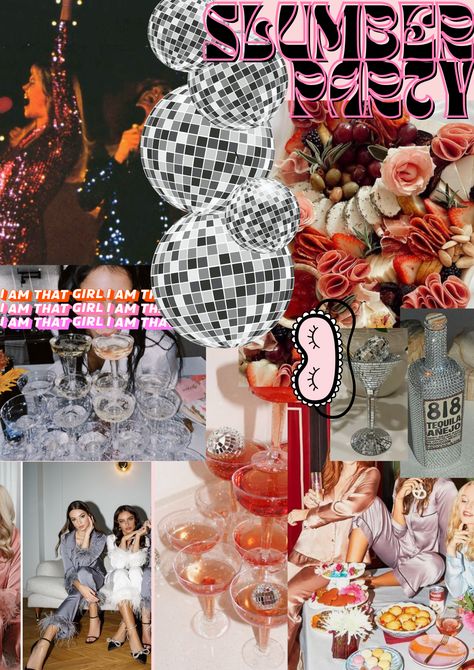 Hen Party Mood Board, Bach Slumber Party, Slumber Bachelorette Party, Uncommon Bachelorette Themes, Glam Pj Party, Girls Night In Bachelorette Party, Batch And Boujee Party, Bachelorette Vision Board, Glam Slumber Party