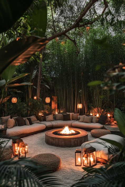 Elegant backyard oasis with a sunken fire pit lounge surrounded by soft seating, lanterns placed around for a warm glow, and towering bamboo plants for privacy --ar 2:3 --style raw --v 6.1 Private Courtyard Ideas, Backyard Landscape Designs, Phoenix Backyard Ideas, Backyard Oasis Ideas Inspiration, Outside Yard Ideas, Outside Furniture Ideas, Large Patio Ideas Layout, Italian Backyard Ideas, Desert Oasis Backyard