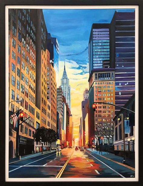 Banksy Posters, Cityscape Drawing, New York Painting, City Sunset, Abstract City, City Painting, Chrysler Building, New York Art, Cityscape Painting