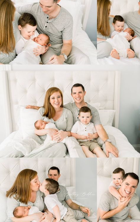 Newborn baby, Mom, Dad, and toddler brother sibling snuggling and kissing on bed in home. White neutral and light sage green wardrobe. Boston, MA | Brittany Baldwin Photography Family Bed Pictures, Baby And Sibling Photography, Newborn Pictures At Home With Sibling, Newborn Shoot With Parents And Sibling, Studio Newborn Family Photos With Sibling, Toddler And Baby Photoshoot, Newborn Family Photos On Bed, Toddler And Newborn Pictures, Sage Green Wardrobe