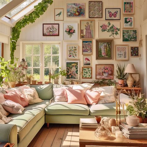 Cottage Gallery Wall Set of 20 Cottagecore Eclectic Wall Art - Etsy Australia Uk Style Home Decor, Art Print Wall Bedroom, Pink Green Gallery Wall, Accent Color Furniture, Pink Green House Aesthetic, Pink Green Cottagecore, Kitchen Design Green And White, Cottagecore House Decor Living Room, Pink Country Living Room