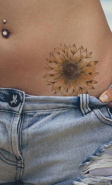 Sunflower On Hip Tattoo, Sunflower Tattoo On Hip, Sunflower Hip Tattoo, Sun And Sunflower Tattoo, Tattoo Sonne, Tattoo Hip, Sunflower Tattoo Shoulder, Tattoos For Women Flowers, Sun Tattoos