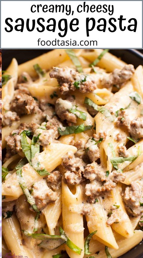 Italian Sausage Heavy Cream Pasta, Sausage Heavy Cream Pasta, Italian Sausage Mac And Cheese, Quick Ground Sausage Recipes, Ground Sausage Alfredo Pasta, Papadeli Pasta, Italian Sausage Recipes Ground, One Pot Italian Sausage Pasta, Sweet Italian Sausage Pasta