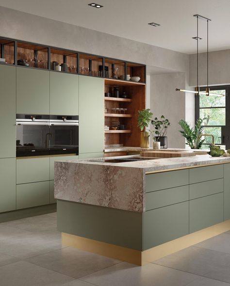 Kitchen island ideas - mint green island Green Kitchens, Sage Kitchen, Sage Green Kitchen, Handleless Kitchen, London Kitchen, Modern Kitchen Island, Life Kitchen, Kitchen Island With Seating, Kitchen Images