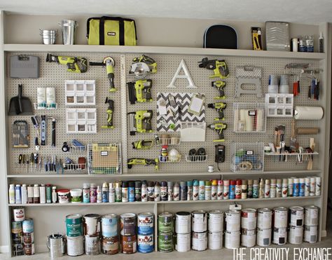 DIY Garage Pegboard Storage Wall using only 5.5 Inches of depth for smaller garages.  Cool Pegboard Storage Pieces. {The Creativity Exchange} Garage Inspiration, Pegboard Garage, Pegboard Storage, Shed Organization, Ultimate Garage, Small Garage, Garage Organize, Garage Remodel, Funky Junk Interiors