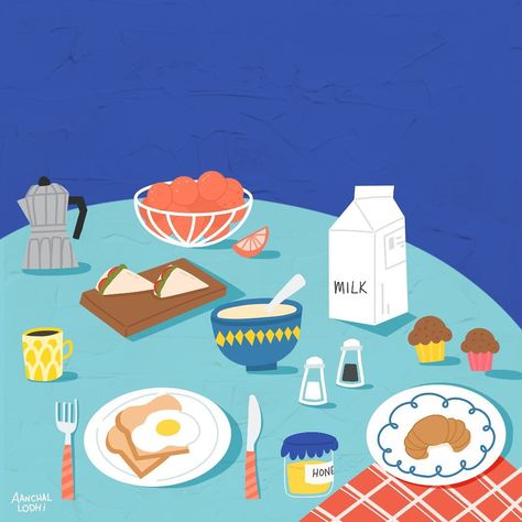 Just a tad bit fancy breakfast table. 🍞🥐 (Illustration, art, breakfast, food, editorial, illustrator) Table Illustration Art, Table Food Illustration, Food On Table Illustration, Breakfast Graphic Design, Breakfast Table Illustration, Breakfast In Bed Illustration, Breakfast Illustration, Food Editorial, Table Illustration