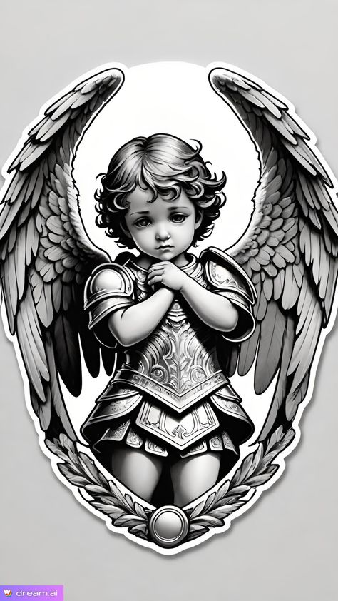 Angel Statues Sculpture, Cupid Tattoo, Engraving Tattoo, Tattoo Lettering Design, Statue Tattoo, Chicano Tattoos, Chicano Art Tattoos, Religious Tattoo, Angel Tattoo Designs