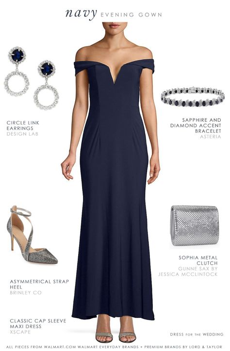 Navy blue evening gown and accessories. Perfect winter formal or wedding outfit   #dressforthewedding #weddingguest #outfitideas Navy Blue Formal Dress Accessories Evening Gowns, Navy Dress Accessories Wedding, Navy Gown Outfit, Navy Gown Accessories, Navy Blue Dress Wedding Guest, Jewelry For Navy Blue Formal Dress, Accessories For Navy Blue Dress Formal, Navy Formal Dress Accessories, Navy Blue Wedding Dress Guest