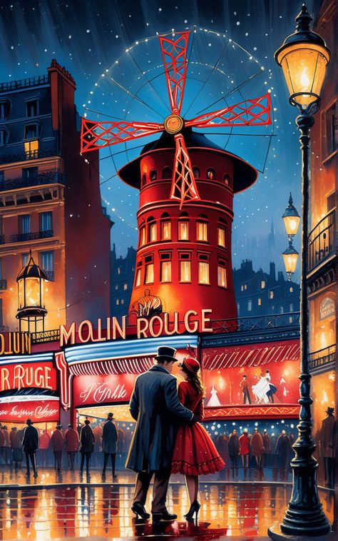 Close up of a couple stand before the famous Moulin Rouge i... by K. Ingrid - Playground Moulin Rouge Paris, Design Fails, Image 3d, Fantasy Pictures, Cinema Posters, Art Deco Posters, Poster Artwork, Retro Illustration, Classic Cars Trucks