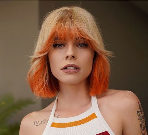 Orange Ends Hair, Blonde Fringe Ginger Hair, Blonde Hair With Orange Tips, Orange Creamsicle Hair, Blonde And Orange Hair, Orange And White Hair, Orange And Blonde Hair, Fun Haircolor, Bright Orange Hair