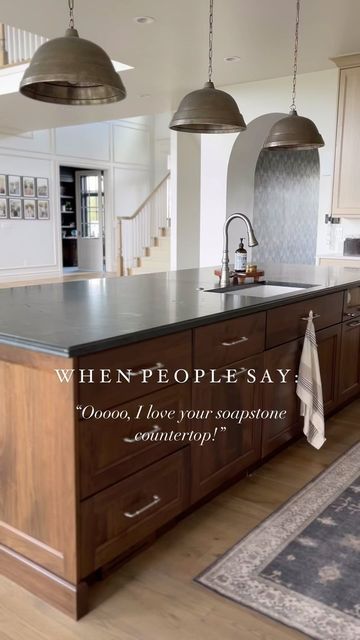 Soapstone Granite Countertop, Black Diamond Quartzite Honed, Black Island Brown Cabinets, Black Diamond Quartzite Kitchen, Honed Soapstone Countertops, Black Diamond Quartzite Countertops, Soapstone Looking Quartz, Black Diamond Quartzite, Kitchen Island Black Countertops