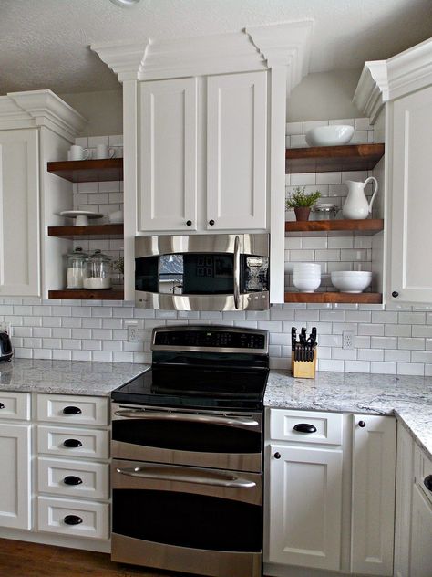 TDA decorating and design: Kitchen Before, During, & After Reveal Built In Microwave Cabinet, Kitchen Cabinets Before And After, Gorgeous White Kitchen, Kitchen Open Shelves, Simple Kitchen, Kitchen Redo, Trendy Kitchen, Kitchen Remodel Idea, Black Kitchens