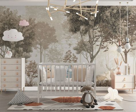 Pastel Color Tree Forest Child Room Wallpaper Tree Forest - Etsy Denmark Forest Wall Decals, Wallpaper Walls Bedroom, Forest Nursery Decor, Deer Decal, Kindergarten Wallpaper, Baby Room Wall Decor, Woodland Deer, Forest Nursery, Color Wallpaper