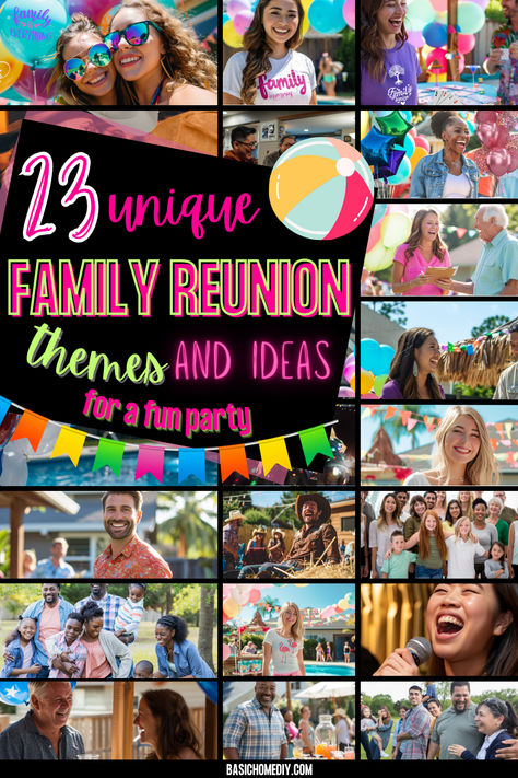 23 unique family reunion themes and ideas for a fun party. Perfect for any family event, our family reunion theme ideas include decoration tips, fun outdoor games, and party design ideas. Host a summer party with family reunion photo booths, a family BBQ cook-off, or a wild Western family reunion. Enjoy a magic theme, a fiesta, or a Hawaiian luau family reunion theme. Personalize the event with custom family shirts and plan fun activities like family trivia, a glow party, or a talent show. Family Cookout Themes, Family Reunion Banquet Decorations, Fun Family Reunion Ideas, Family Reunion Party Ideas, Theme Nights For Family Vacation, Family Reunion Decorating Ideas Easy Diy, Themes For Family Reunions, Family Reunion Picture Ideas, Family Party Themes Ideas