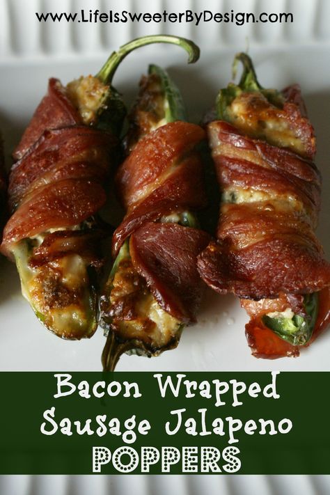 This is an appetizer that will be the hit of any party! Jalapeno Poppers With Sausage, Sausage Stuffed Jalapenos, Mason Woodruff, Wrapped Jalapeno Poppers, Bacon Wrapped Sausages, Nuwave Oven Recipes, Crispy Oven Fried Chicken, Bacon Wrapped Jalapeno Poppers, Jalapeno Popper Recipes